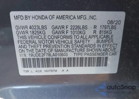 2020 Acura Ilx Premium Package/Technology Package from USA, damaged, VIN 19UDE2F78LA010603